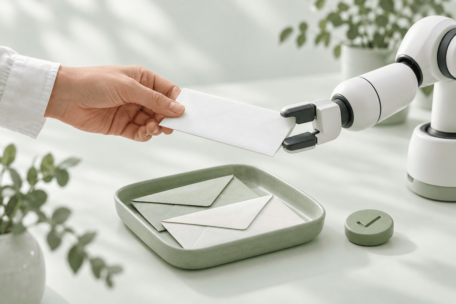 Illustration of a person handing a task to a robotic assistant.